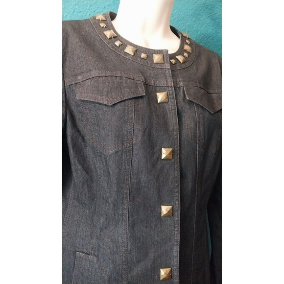 Focus 2000 Denim Jacket Long Dark Wash Square Stud Leopard Print Lined 6 Petite - Picture 3 of 8